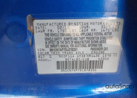 2013 Nissan Versa 1.6 Sv from USA, damaged, VIN 3N1CN7AP7DL878331